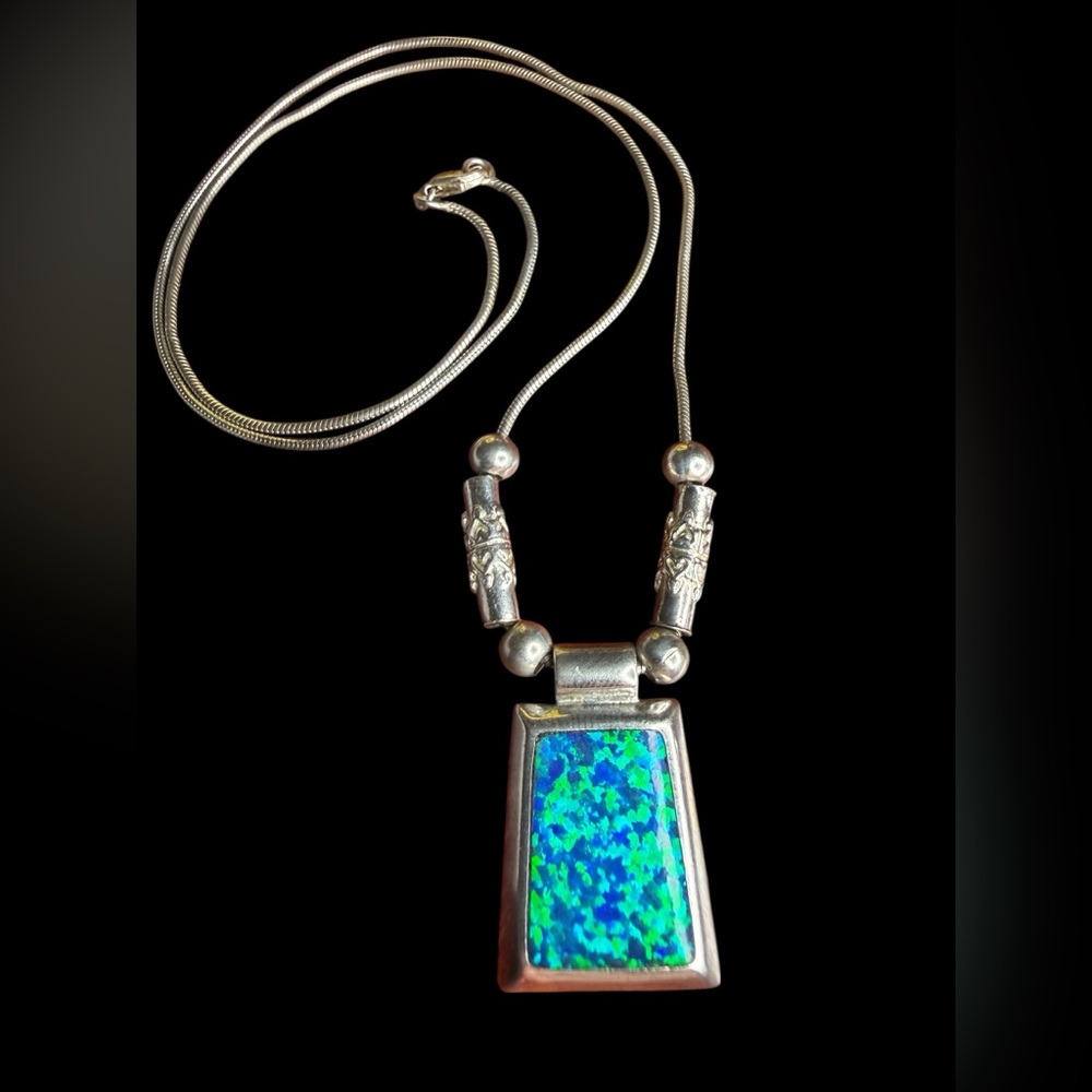 Sterling 925 Jerusalem Lab Opal Pendant Necklace 18”